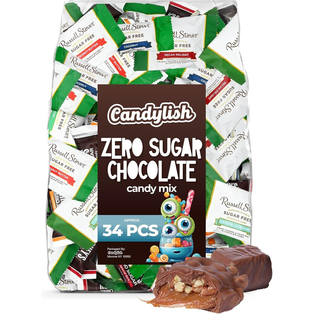Russell Stover Zero Sugar Chocolate Candy Mix Assorted Flavors And Zero Sugar Bar Mix Approximately 34 Pieces