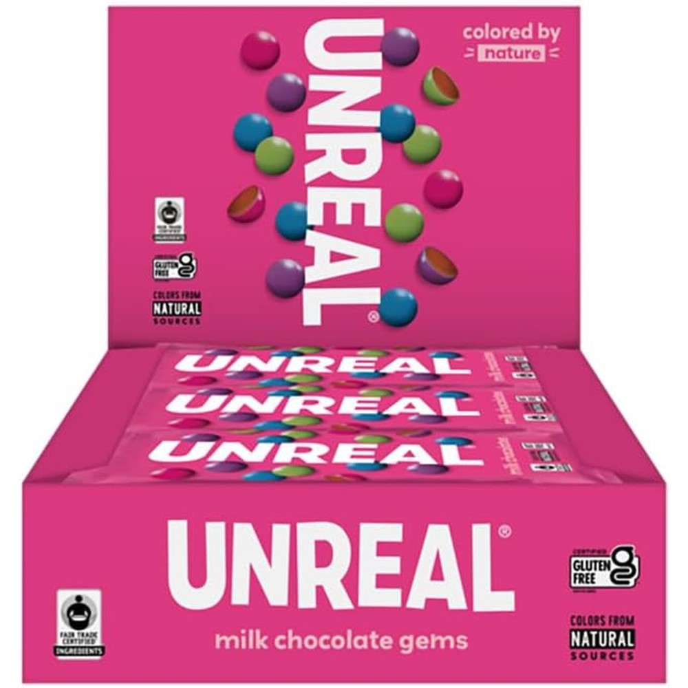 UNREAL Milk Chocolate Gems Certified Fair Trade Non GMO Gluten Free Ingredients Colors From Nature 12 Snack Packs 1.3 Ounce