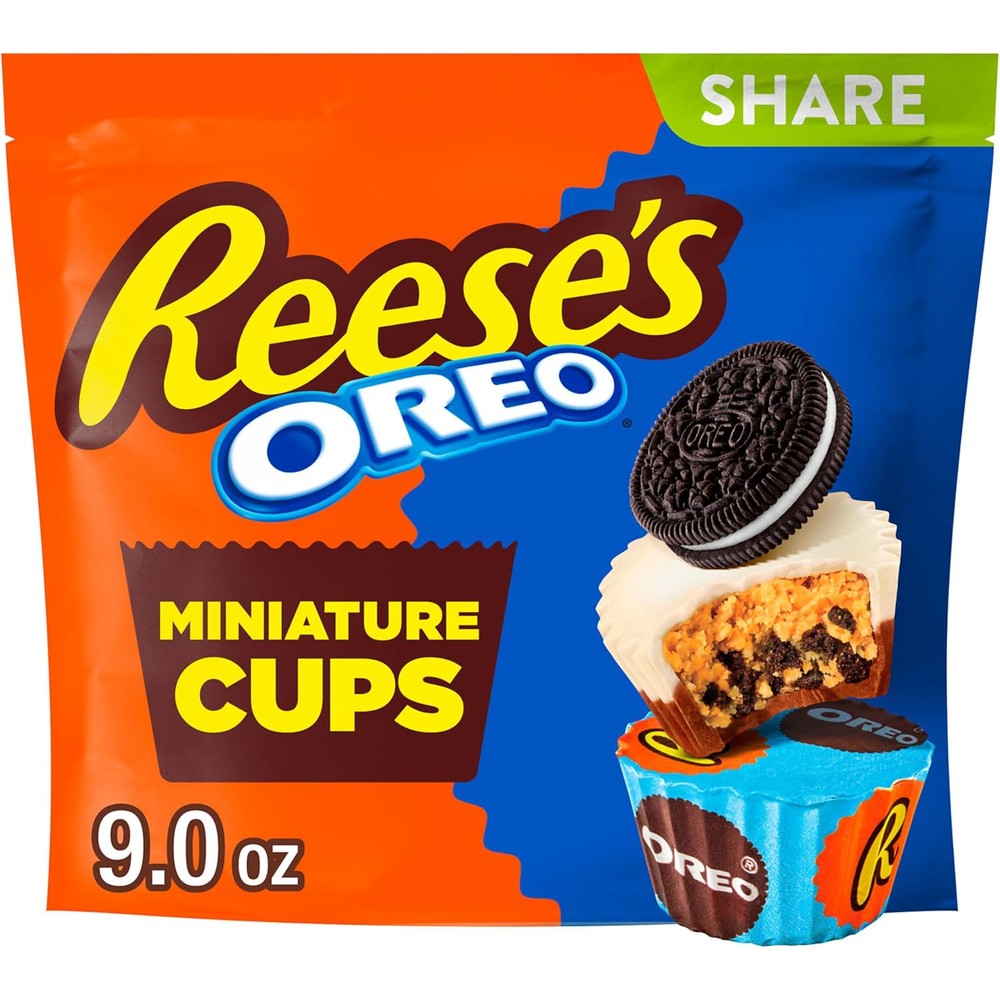 REESE'S OREO Miniatures Milk Chocolate And White Creme Peanut Butter Cups Classic Candy Share Pack Bag Nine Ounce Imported Snack