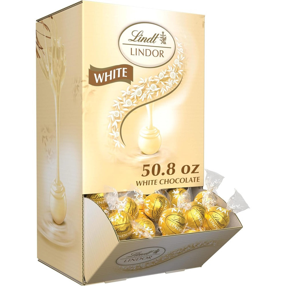 Lindt LINDOR White Chocolate Candy Truffles With Smooth Melting Truffle Center Fifty Point Eight Ounce One Hundred Twenty Count Bulk Box