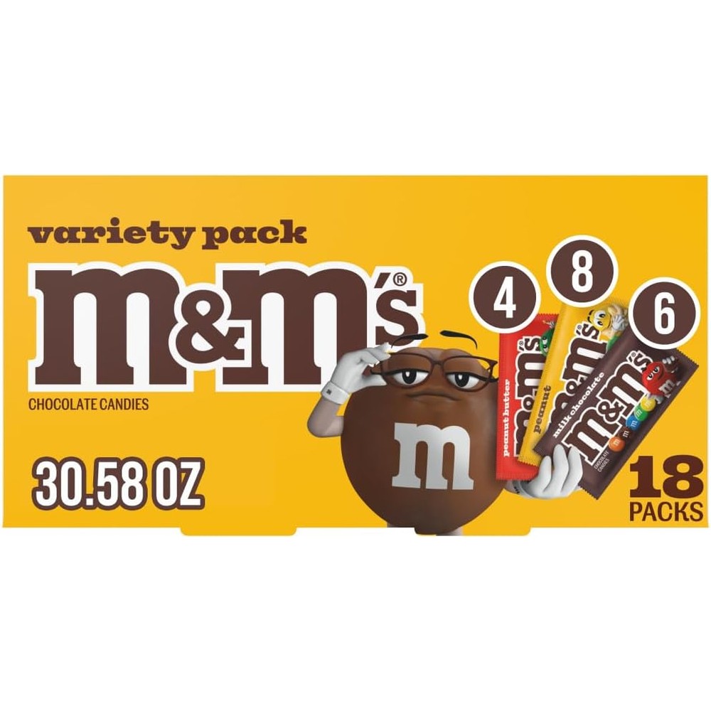 Mars M&M'S Milk Chocolate Peanut And Peanut Butter Candy Variety Pack Full Size Assortment 30.58 Ounce 18 Count Box