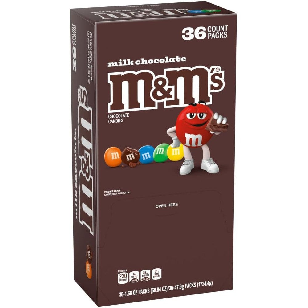 M&M'S Milk Chocolate Candy Bulk Box Full Size Pouches Pack Of 36 Bags One Point Sixty Nine Ounce