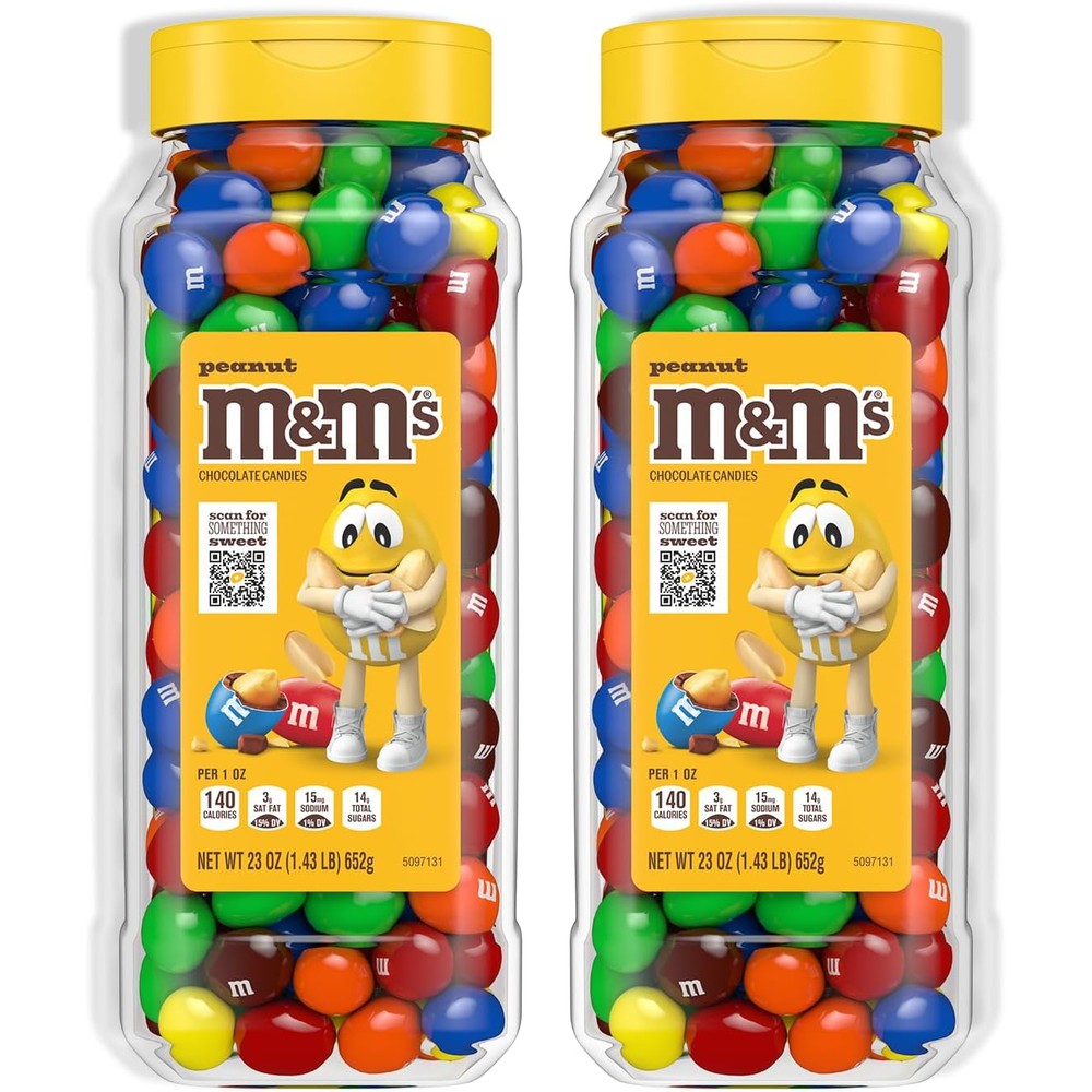 M&M's Peanut Milk Chocolate Candy Jars Assorted Party Size Bulk Snacks Resealable and Recyclable Twenty Three Ounces Each Pack of Two