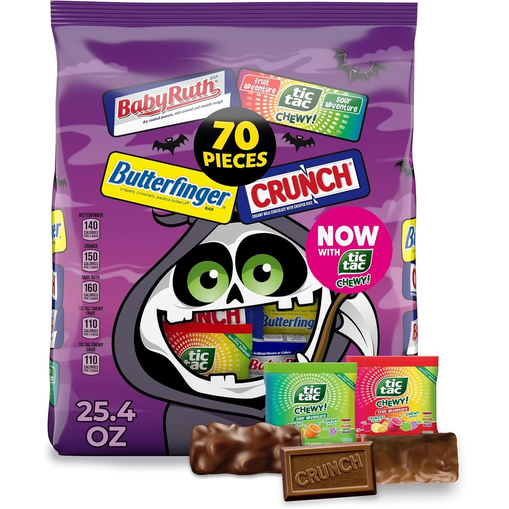 Butterfinger Crunch Baby Ruth And Tic Tac Chewy Fun Size Assorted Candy Bars Variety Pack Seventy Count Twenty Five Point Four Ounces