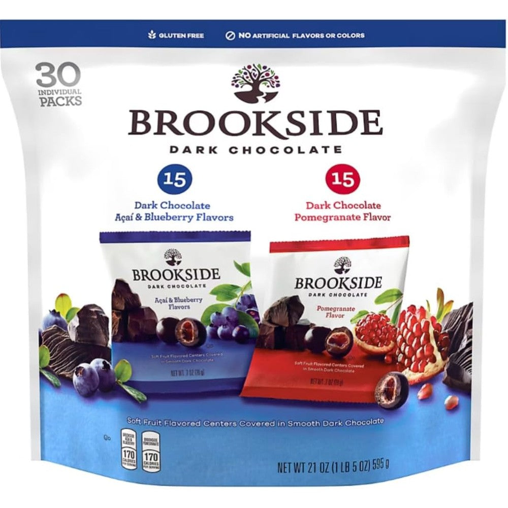 BROOKSIDE Dark Chocolate Fruit Centers Variety Pack front view showing thirty individually wrapped pouches.