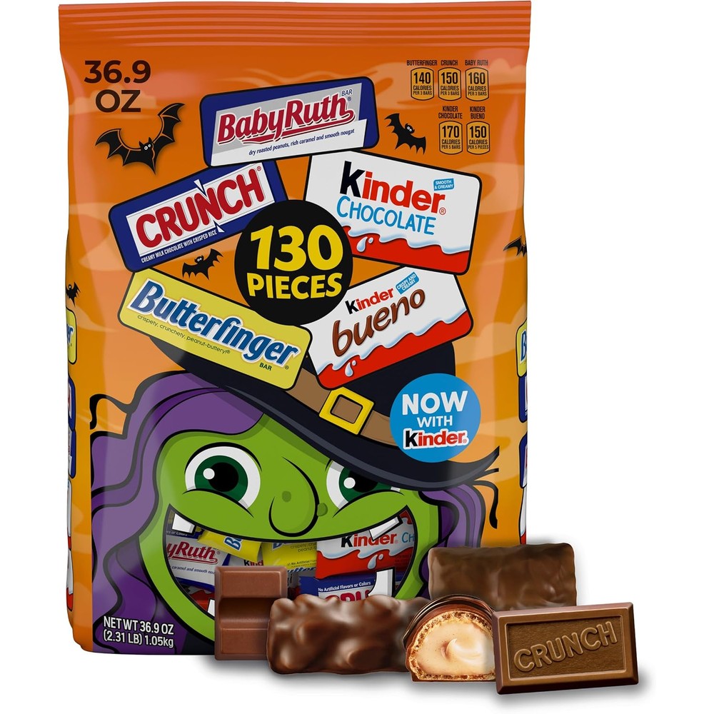 Butterfinger Crunch Baby Ruth 100 Grand and Kinder Assorted Chocolate Halloween Candy Fun Size Variety Pack 130 Pieces 36.9 Ounces