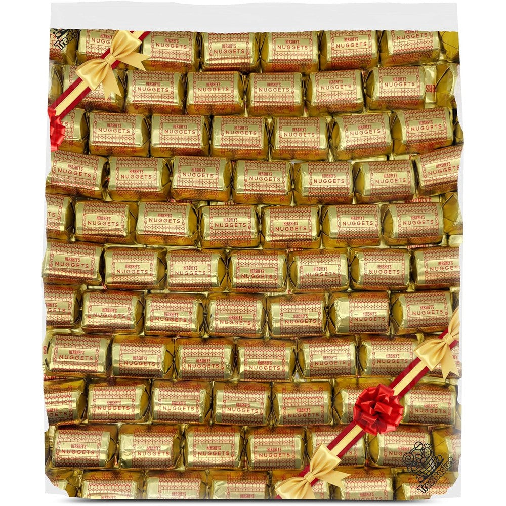 Hershey's Nuggets Dark Chocolate Almond bulk bag front view showing premium gold and silver wrapped chocolates.