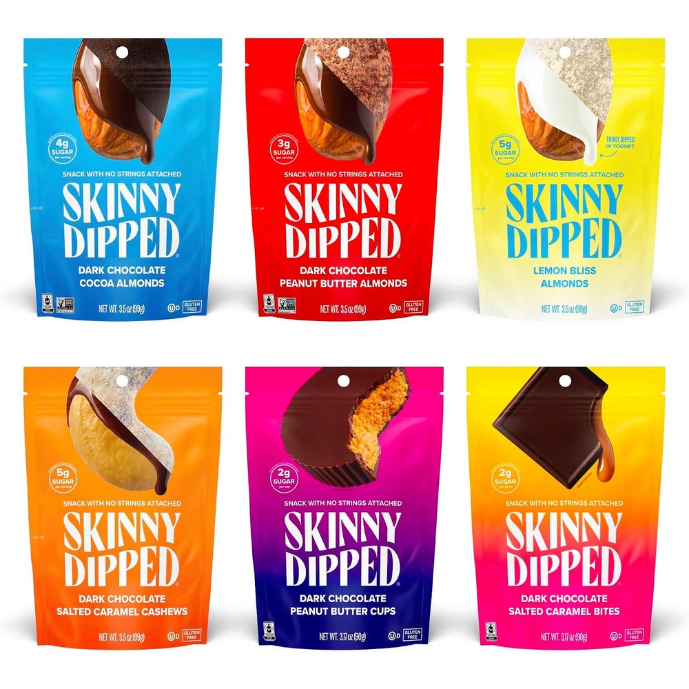 SkinnyDipped Faves Variety Pack Healthy Snacking Chocolate Nuts Plant Protein Gluten Free Six Pack Three Point Five Ounces Per Bag