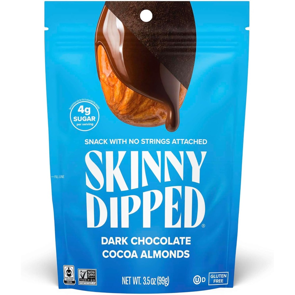 SkinnyDipped Dark Chocolate Cocoa Almonds Roasted Nut Snack With Plant Protein And Gluten Free Three Point Five Ounce Bag