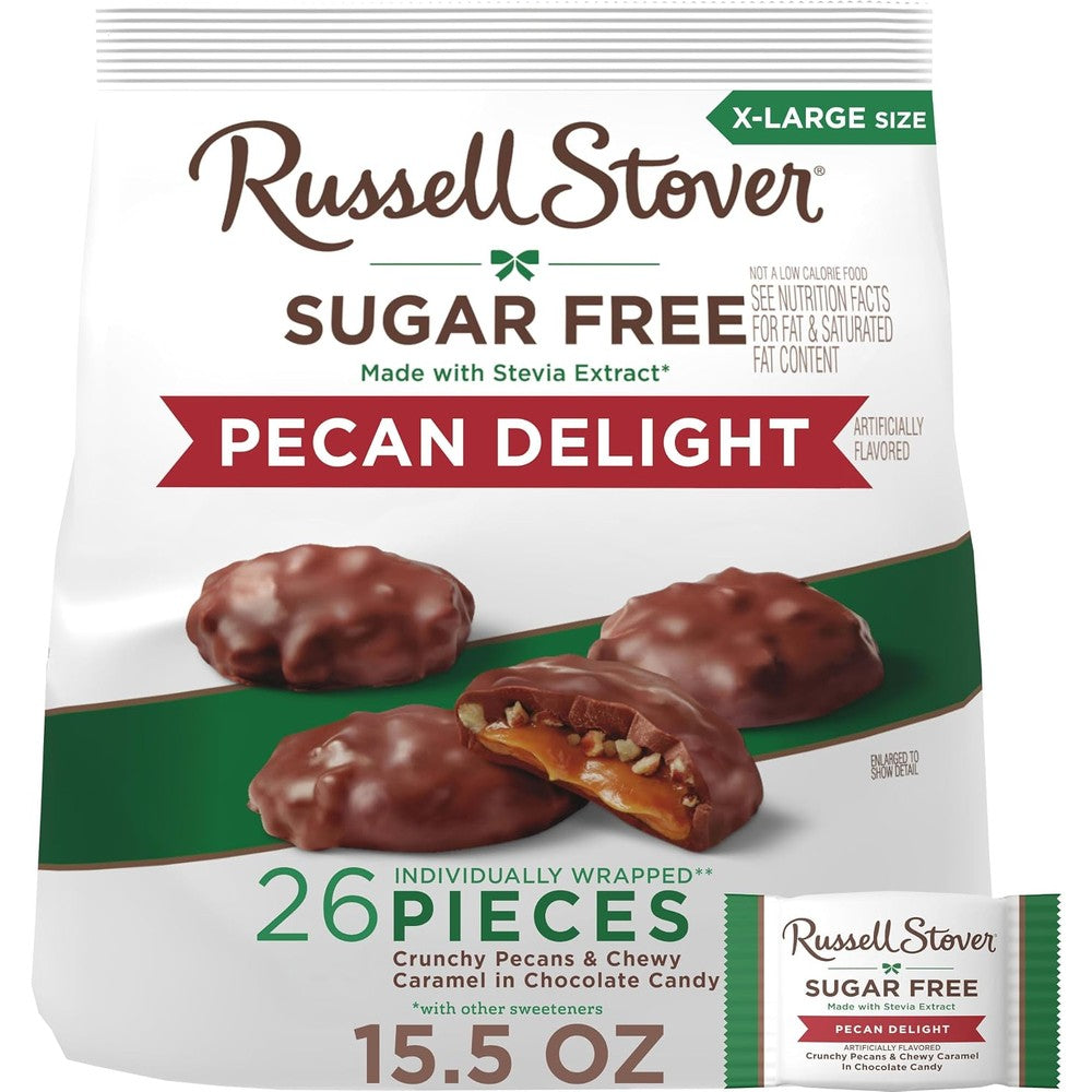 Russell Stover Sugar Free Pecan Delight Chocolate Candy Sweetened With Stevia Extract Crunchy Pecans And Chewy Caramel Bag 15.5 Ounce