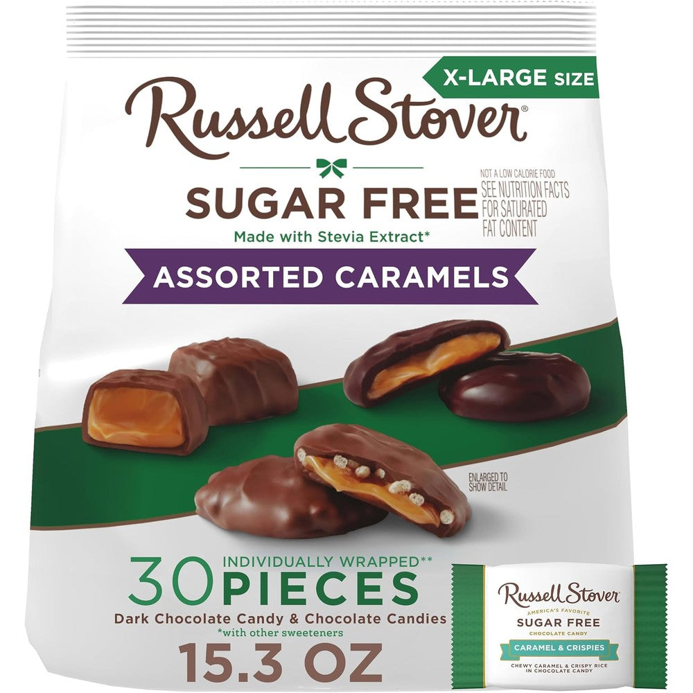 Russell Stover Sugar Free Assorted Caramel Chocolate Candy Sweetened With Stevia Extract Fifteen Point Three Ounce Bag