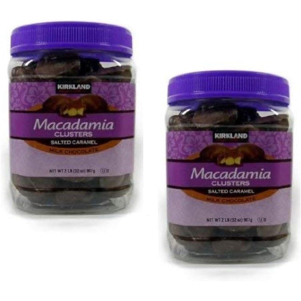 Kirkland Signature Macadamia Clusters Salted Caramel Milk Chocolate Gourmet Snack Jars Two Pack Two Pounds Thirty Two Ounces Each Jar