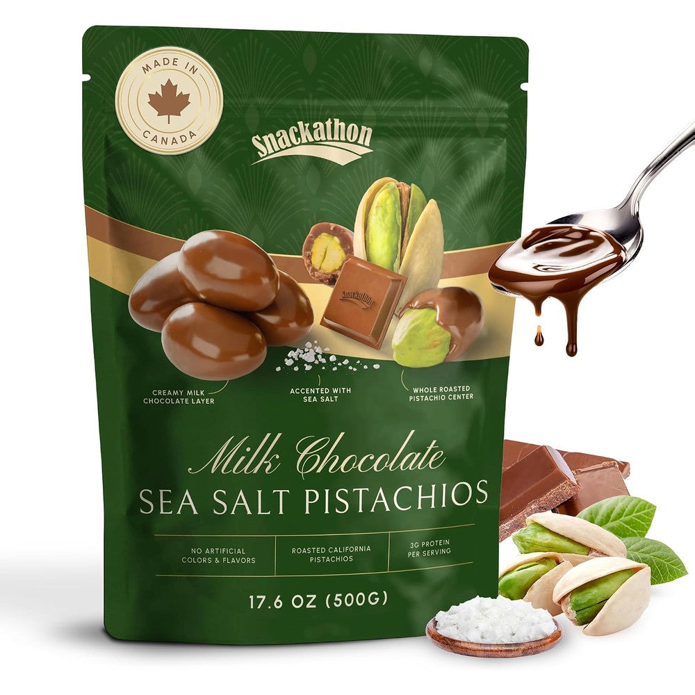 Snackathon Milk Chocolate Covered Pistachios front view of resealable bag.