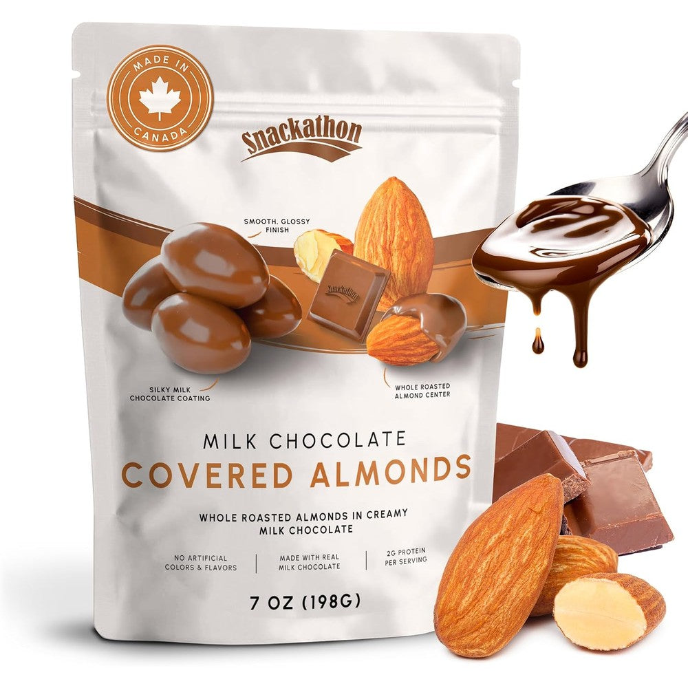 Snackathon Milk Chocolate Covered Almonds front view of the premium resealable snack bag.