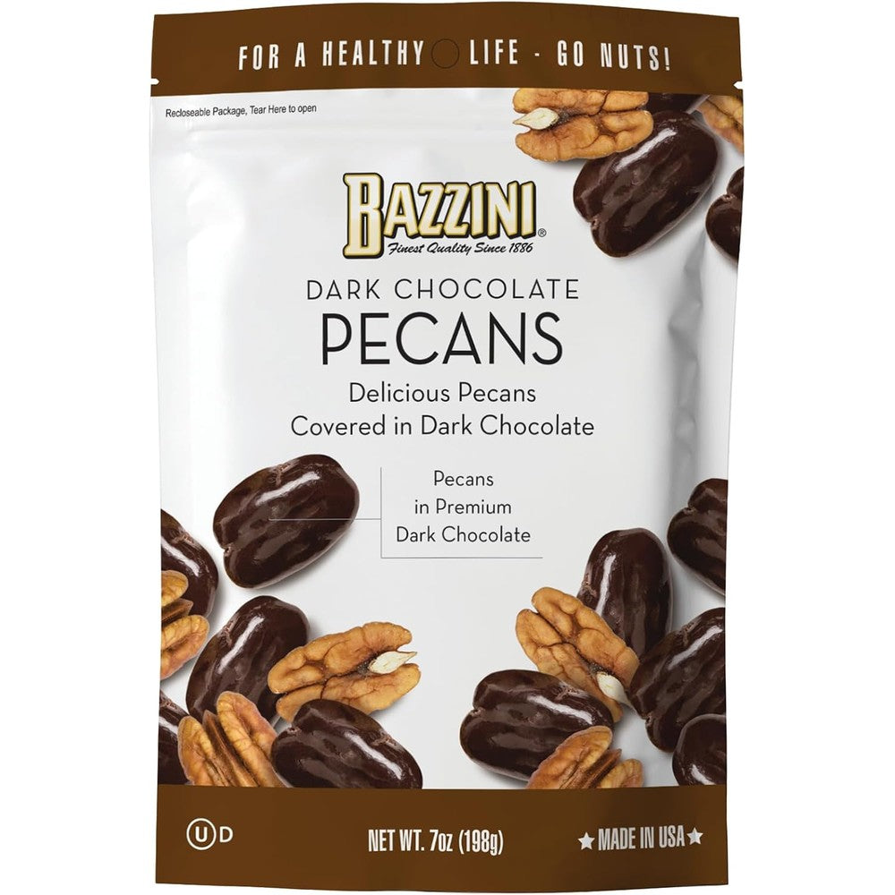 Bazzini Dark Chocolate Pecans premium resealable pouch front view