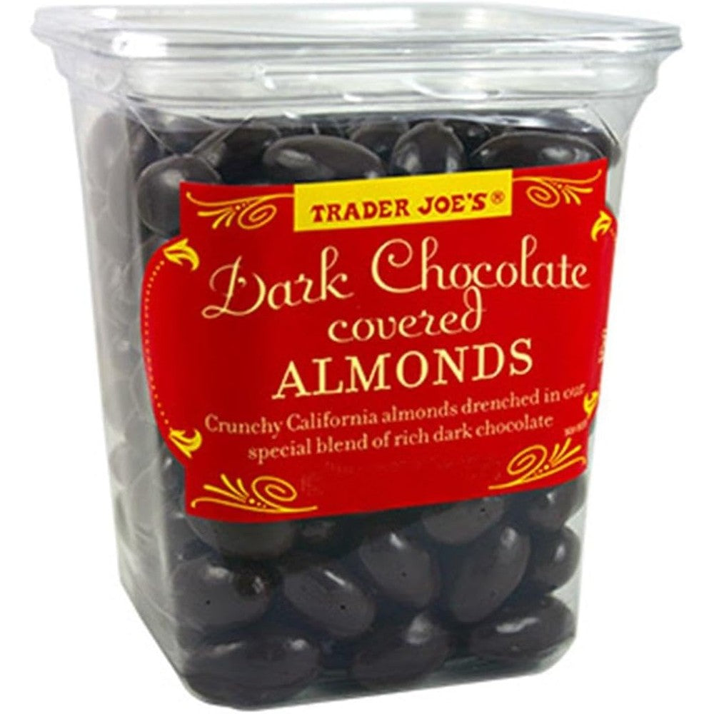 Trader Joe's Dark Chocolate Covered Almonds Crunchy California Almonds Drenched In Rich Dark Chocolate Gluten Free Sixteen Ounce Tub