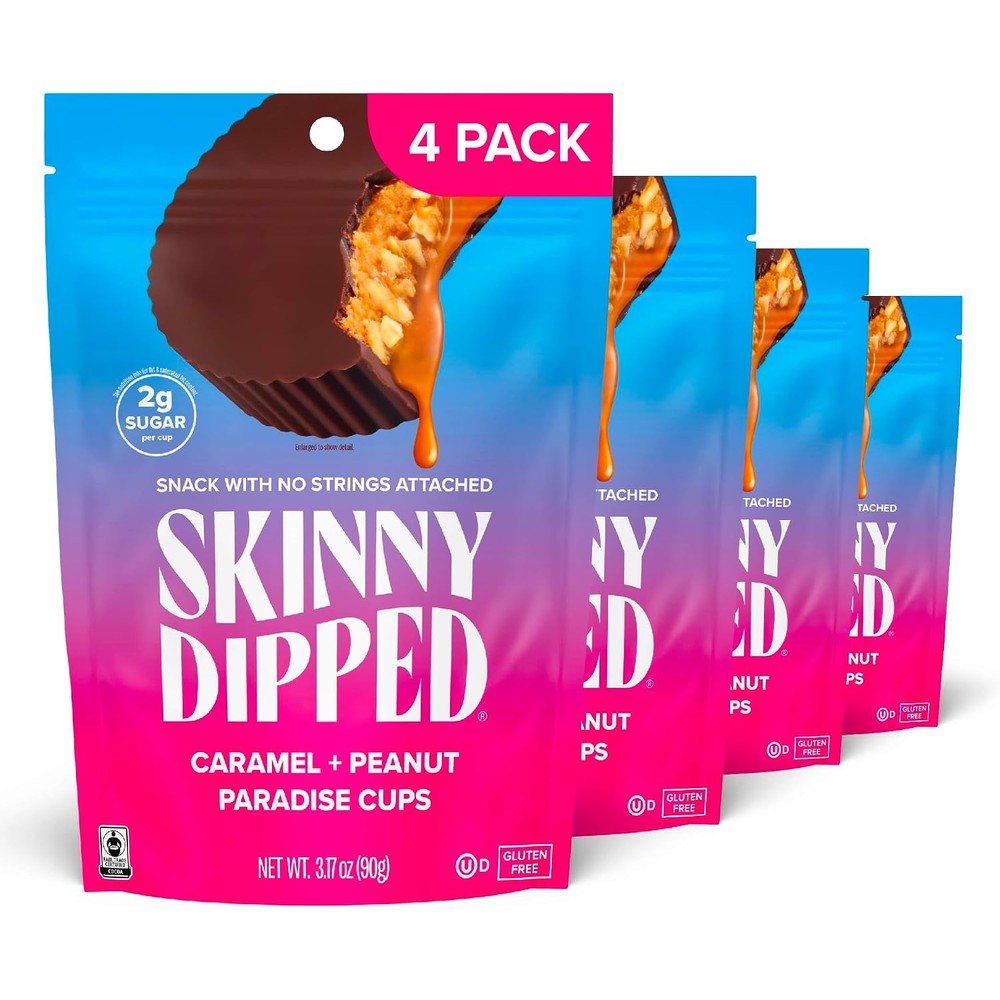 SkinnyDipped Caramel Peanut Paradise Cups Gluten Free Low Carb Dark Chocolate Snacks Three Point Two Ounce Resealable Bags Four Pack