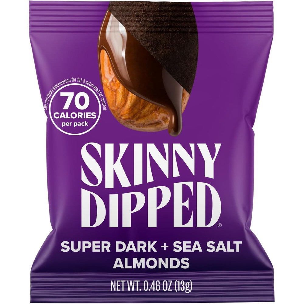 SkinnyDipped Super Dark Chocolate And Sea Salt Roasted Almonds Plant Protein Gluten Free Vegan Healthy Snack Mini Bags Pack Of 24 0.46 Ounce Each