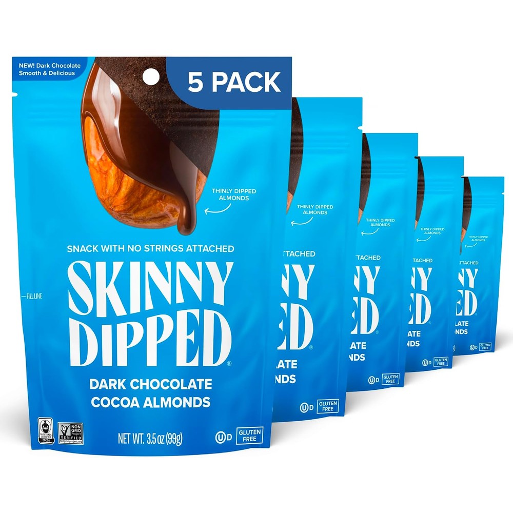 SkinnyDipped Dark Chocolate Cocoa Almonds Gluten Free Low Sugar Plant Protein Healthy Snack Three Point Five Ounce Resealable Bags Pack Of Five