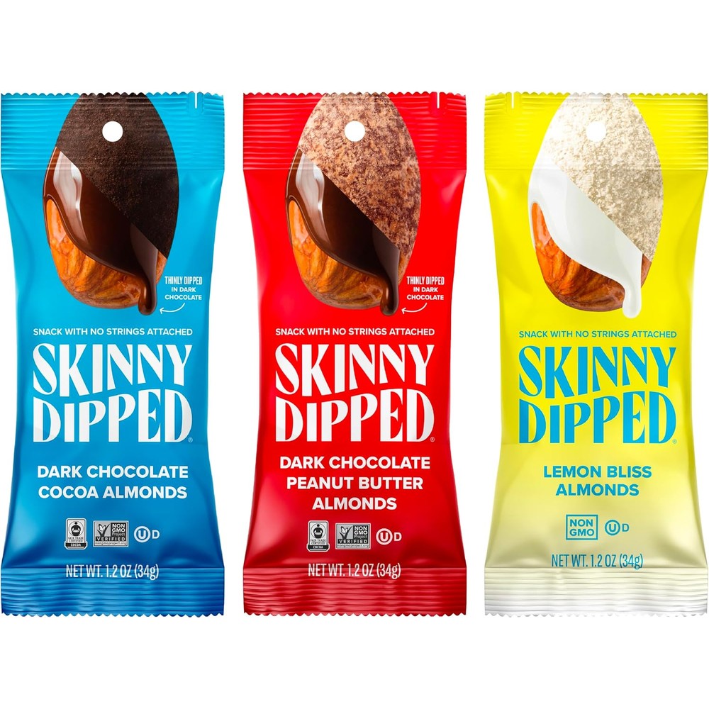 SkinnyDipped Snack Attack Almond Variety Pack front view showing fifteen healthy snack bags