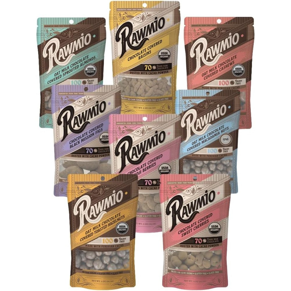 Rawmio Organic Chocolate Covered Treats Variety Pack Five Piece Gourmet Sampler With Peruvian Dark Chocolate And Sprouted Nuts And Fruits