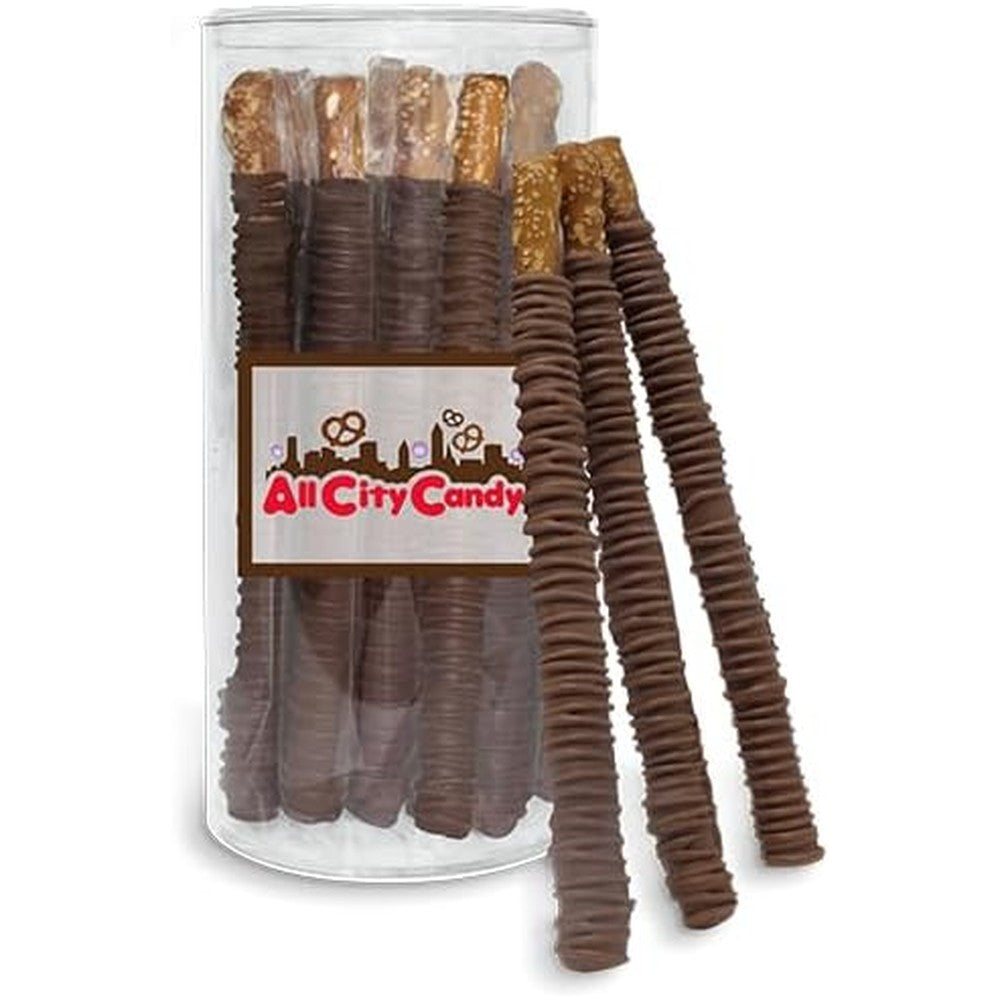 All City Candy milk chocolate covered pretzel rods in a clear gift tube front view