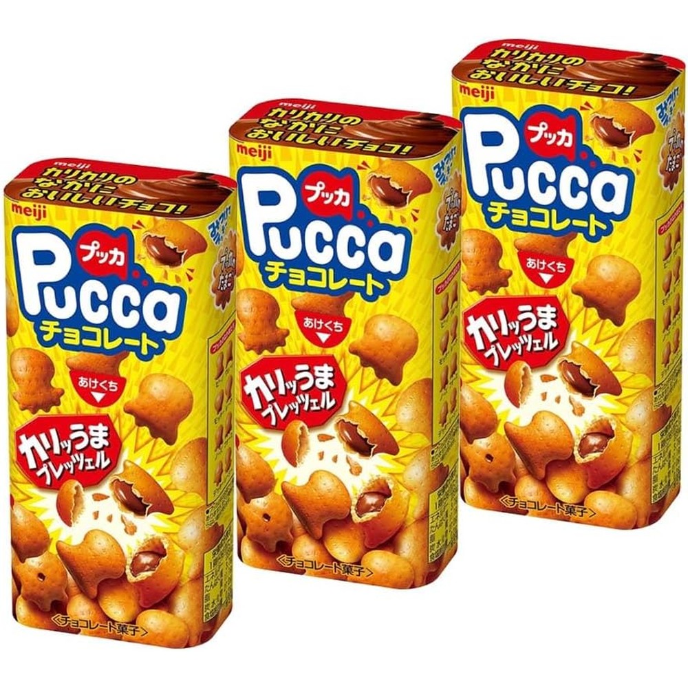 Meiji Pucca Chocolate Filled Crunchy Pretzel Snacks Three Pack Four Point One Three Ounces Per Pack With Maiko Sticker