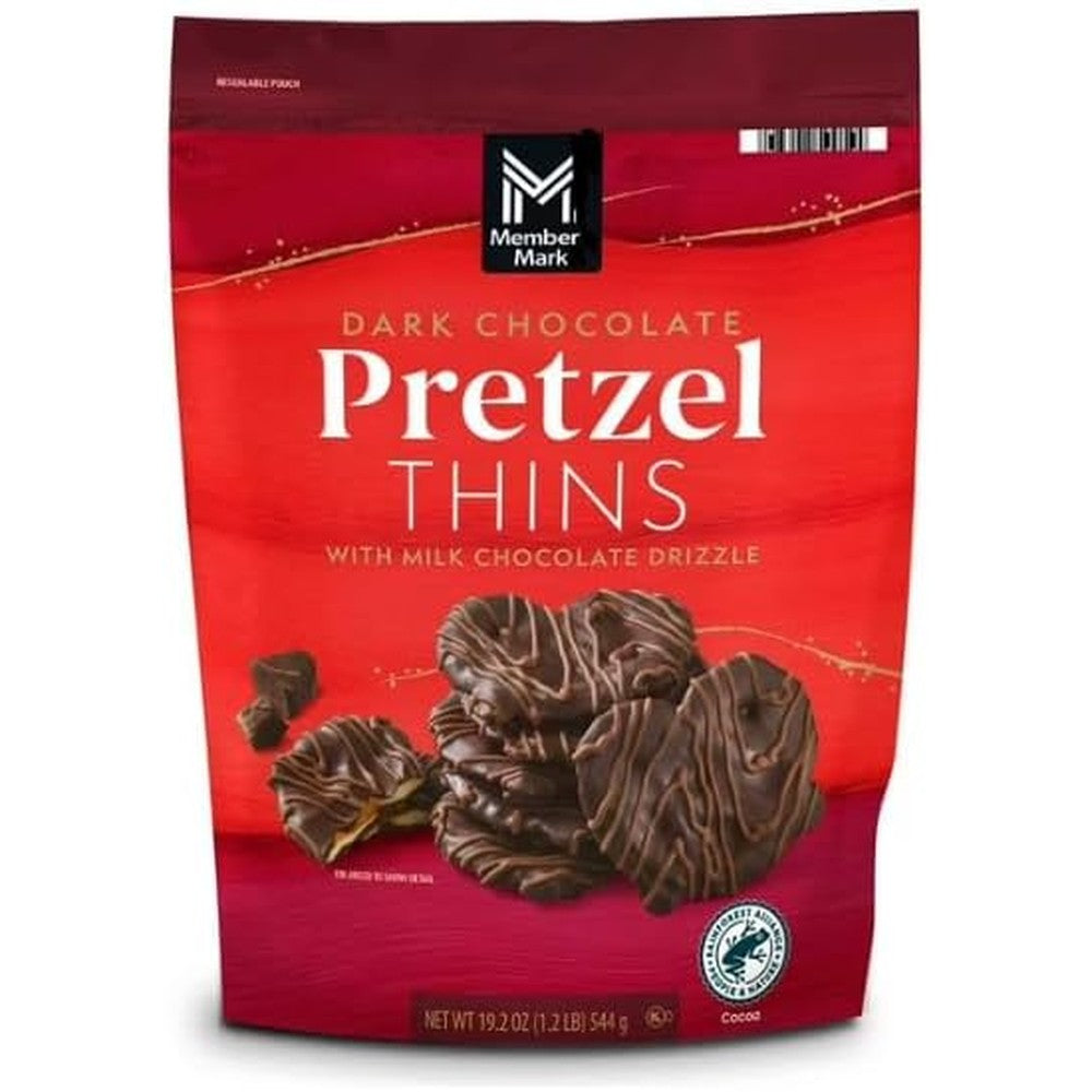 Member's Mark Dark Chocolate Pretzel Thins pouch front view showing chocolate-covered snack