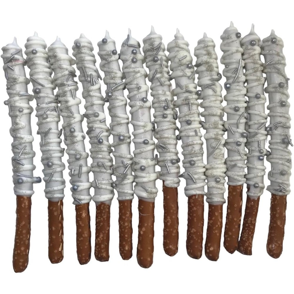 Ronita's Bakery White And Silver Chocolate Covered Pretzel Rods 12 Piece Gourmet Dessert Snack