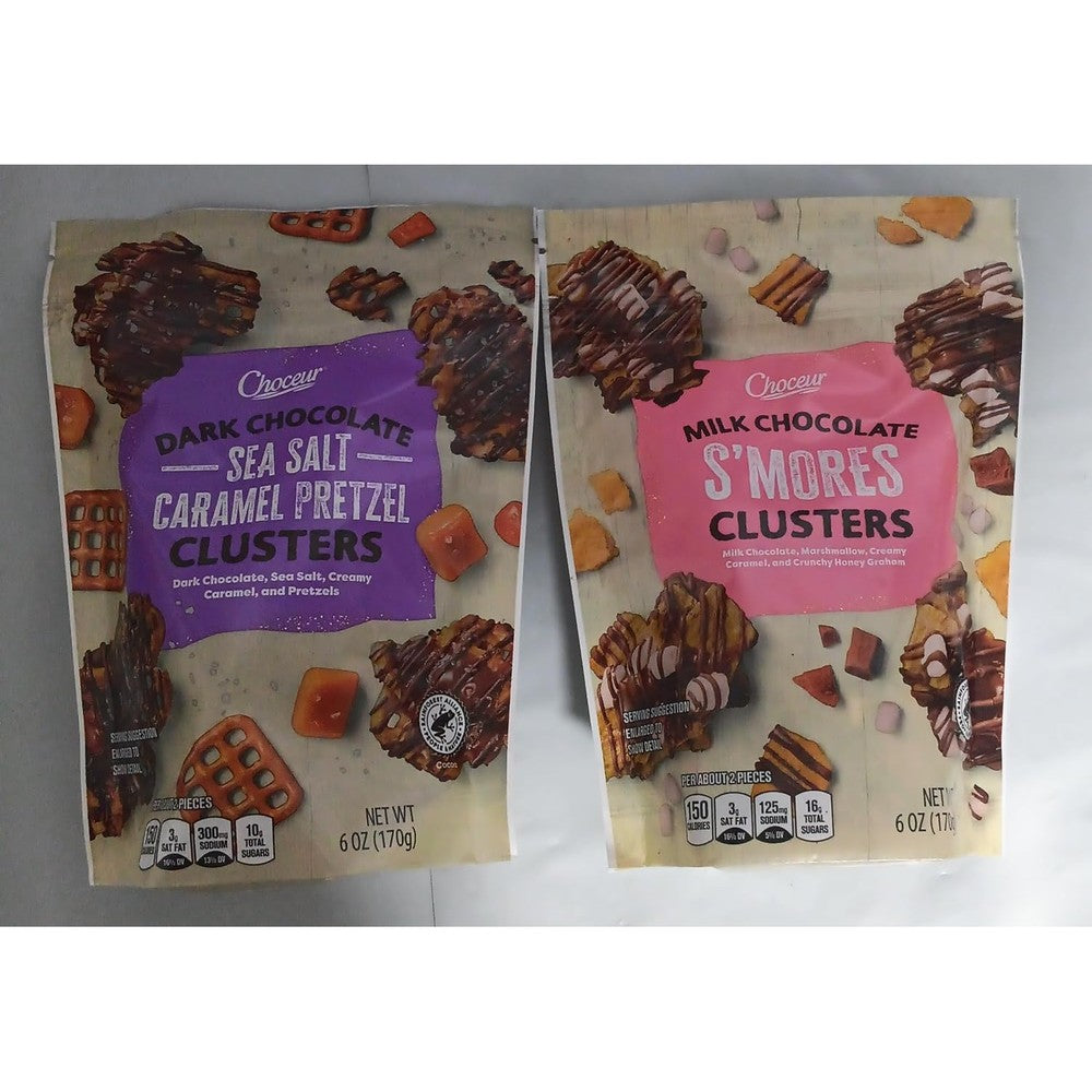 Choceur S'mores Clusters And Dark Chocolate Sea Salt Caramel Pretzel Clusters Variety Pack, Milk And Dark Chocolate, 6 Ounces Each