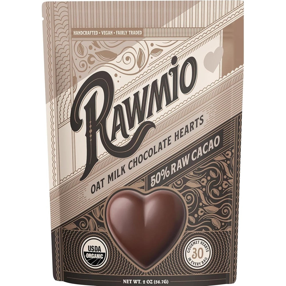Rawmio Oat Milk Chocolate Hearts 50 Percent Cacao Organic Vegan Dairy Free Artisan Chocolate 2 Ounce Bag