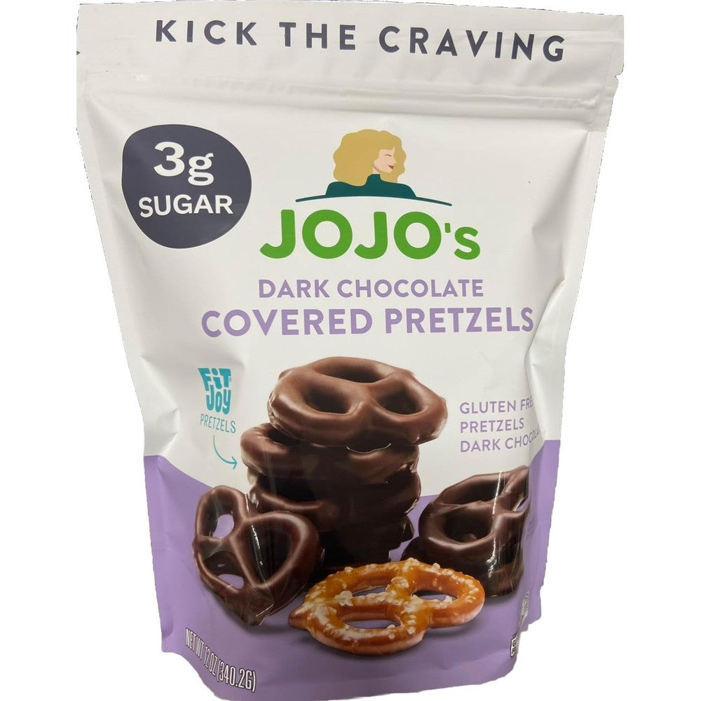 JOJO's Dark Chocolate Covered Pretzels Gluten Free Healthy Snack Low Sugar And Plant Based Protein 12 Ounce Bag