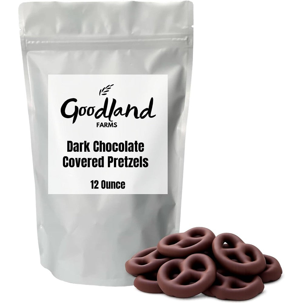 Goodland Farms dark chocolate covered pretzels front view
