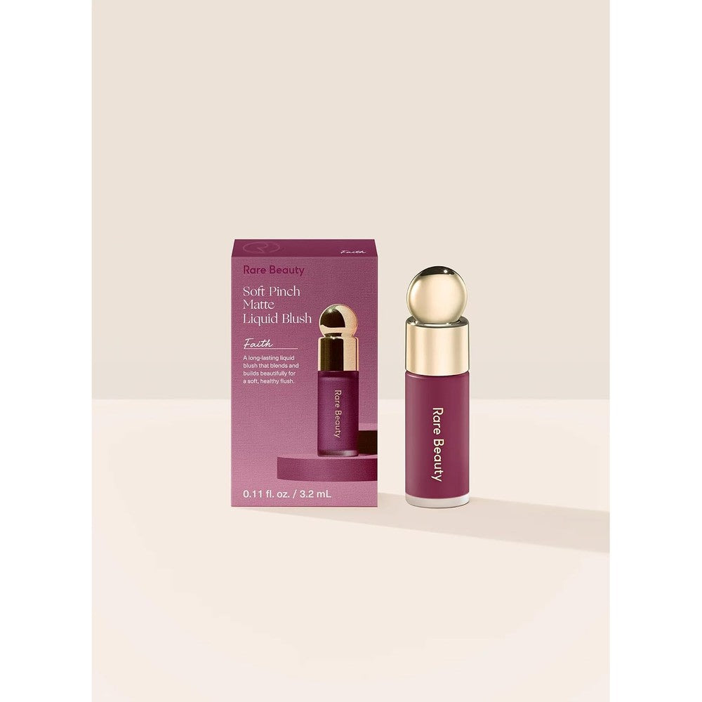 Rare Beauty Soft Pinch Dewy Liquid Blush In Faith Deep Berry Shade Weightless Long Wear Formula Travel Friendly Mini Size Three Point Two Milliliters