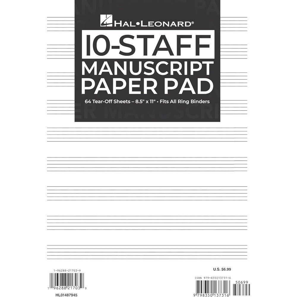 Hal Leonard Manuscript Paper 10-Staff Paper Pad - 64 Tear-Off Sheets, Fits All Ring Binders | Blank Sheet Music Staff Paper for All Instruments | Standard Music Writing Paper for Students Composers