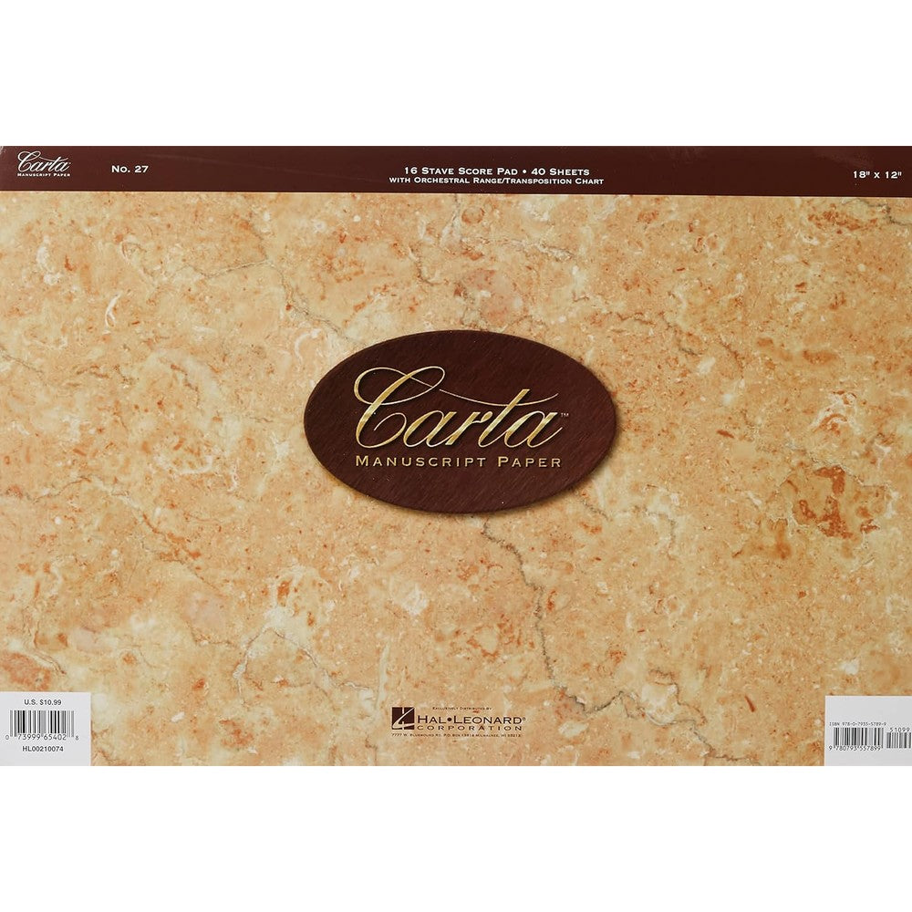 Carta Manuscript Paper No. 27 â€“ Professional Score Pad | 16-Stave Music Notation Book with 40 Sheets | Ideal for Composers, Arrangers and Students | Includes Orchestral Range and Transposition Chart