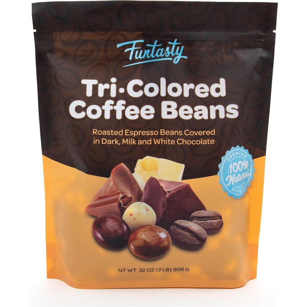 FUNTASTY Tri-Colored Chocolate Covered Espresso Coffee Beans Assortment Pack Of Milk Dark And White Chocolate Two Pound Bulk Bag
