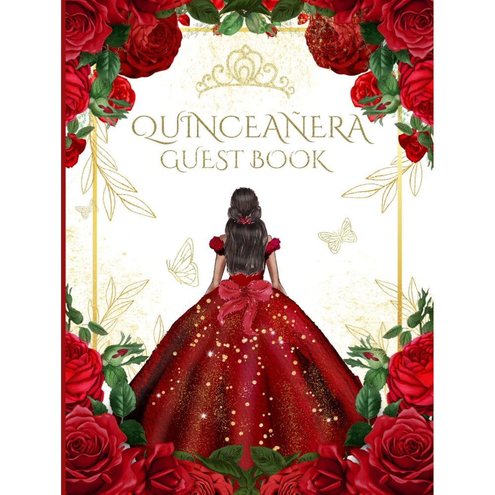 Hardcover Quinceanera Guest Book Burgundy Red with Roses and Gold Butterflies | Mis Quince AÃ±os: 15th Birthday Party Guestbook for Guests to Sign In with Gift Log and Pages for Photos