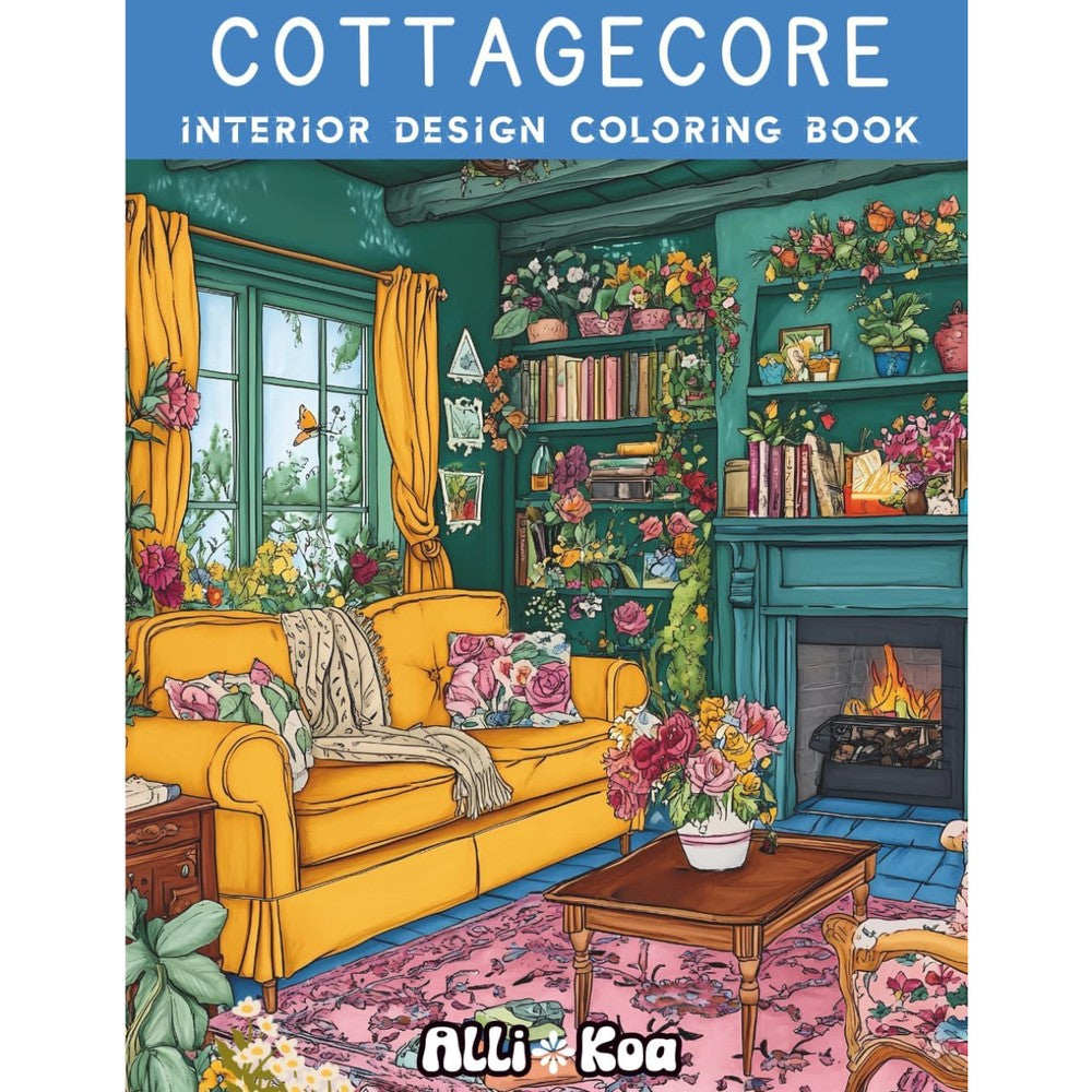 AlliKoa Publishing Cottagecore Interior Design Coloring Book front cover highlighting cozy room designs.