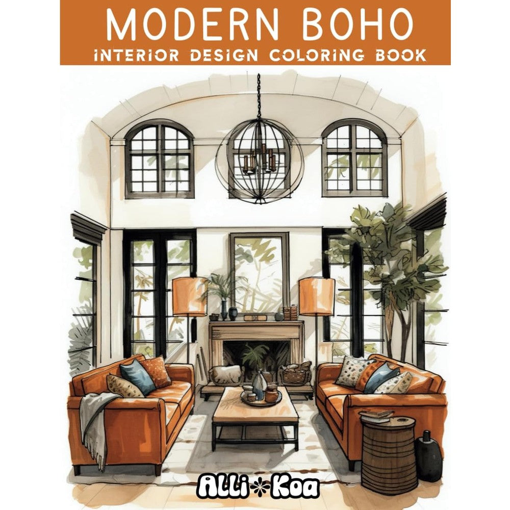 ReydaPrints Modern Boho Interior Design Coloring Book front cover showing stylish bohemian living room illustration
