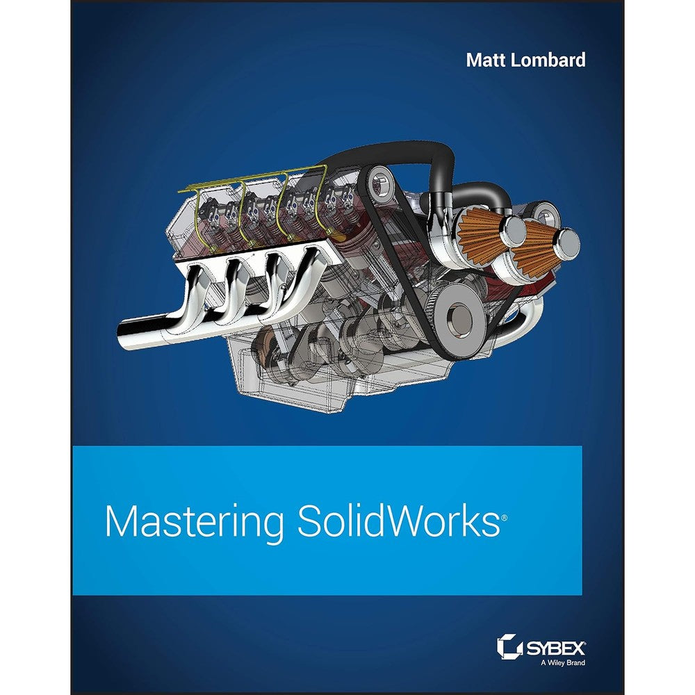 Sybex Mastering SolidWorks book front view showing V8 engine cover design.