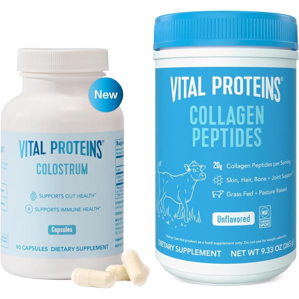 Vital Proteins Collagen Peptides Powder 9.33 Ounce and Bovine Colostrum Supplement 90 Capsules Bundle