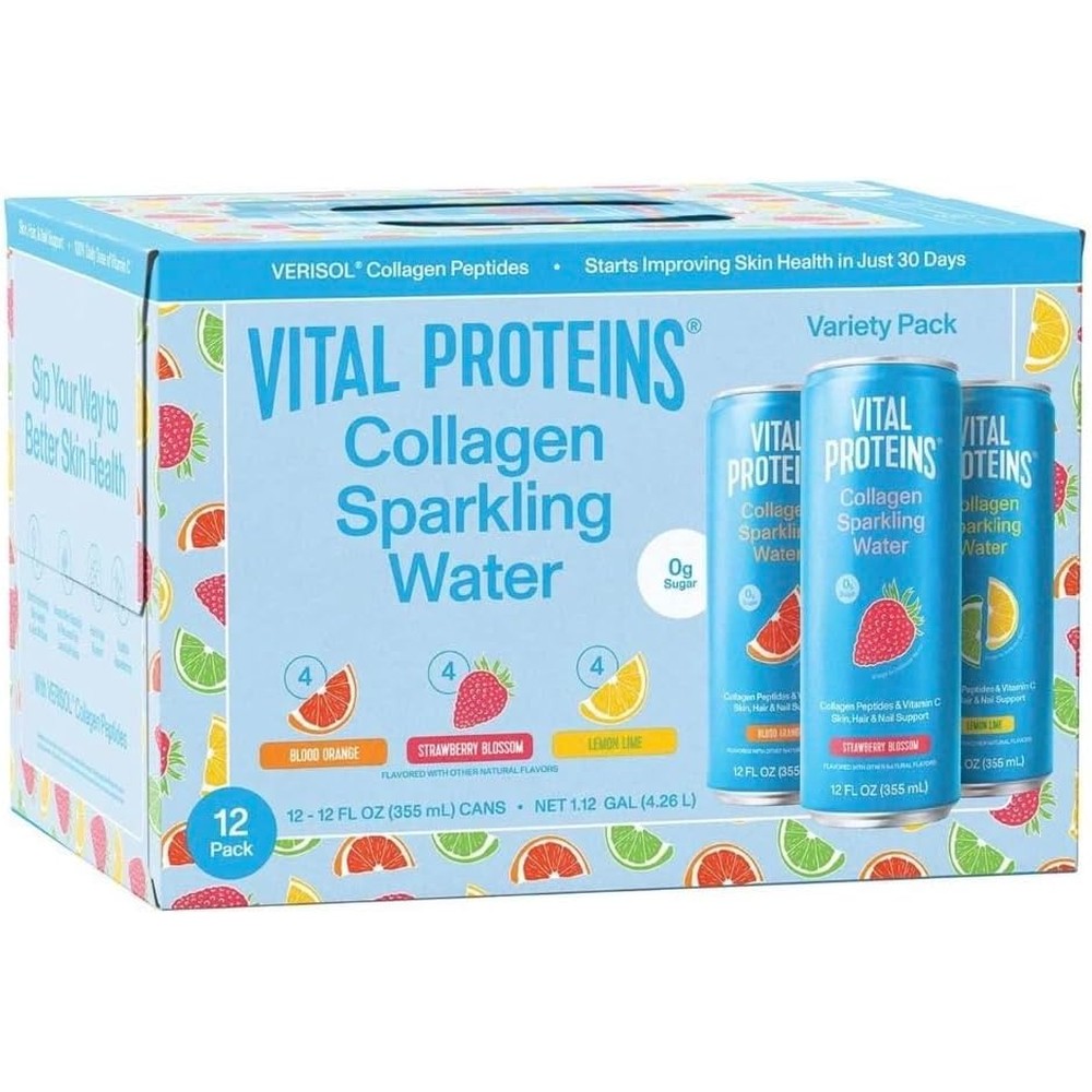 Vital Proteins Collagen Sparkling Water Variety Pack Strawberry Blossom Blood Orange Lemon Lime 12 Fluid Ounce 12-Count Cans
