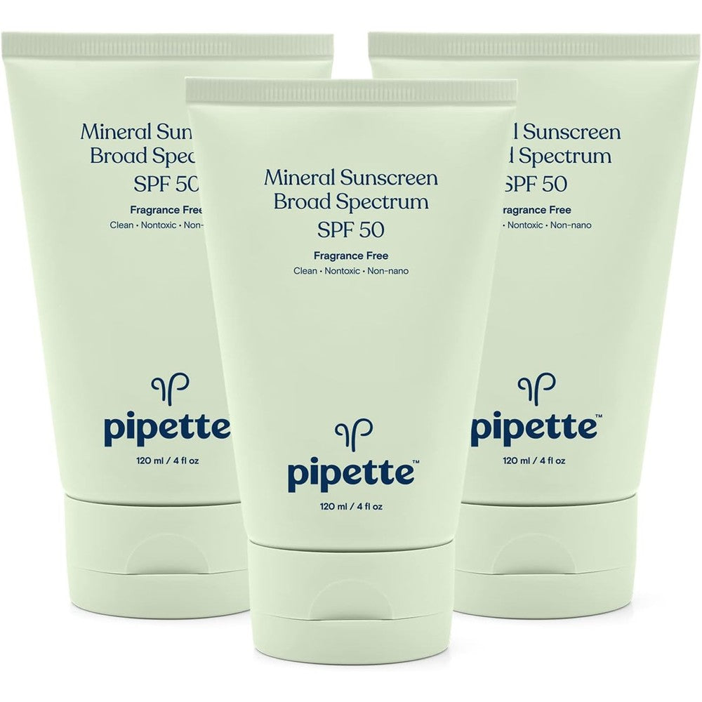 Pipette Mineral Sunscreen SPF 50 Broad Spectrum Baby Sunblock Non Toxic Fragrance Free Sensitive Skin 4 Fluid Ounce 3 Pack
