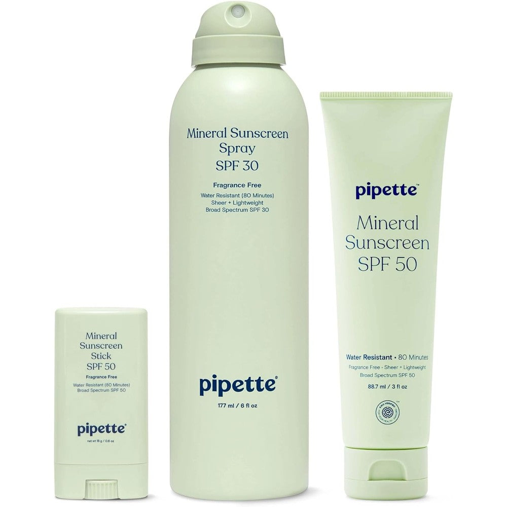 Pipette Baby Clean Mineral Sunscreen Trio Includes Mineral Sunscreen Spray SPF 30 6 Fluid Ounces Stick SPF 50 0.6 Ounces And Water-Resistant Sun Lo...