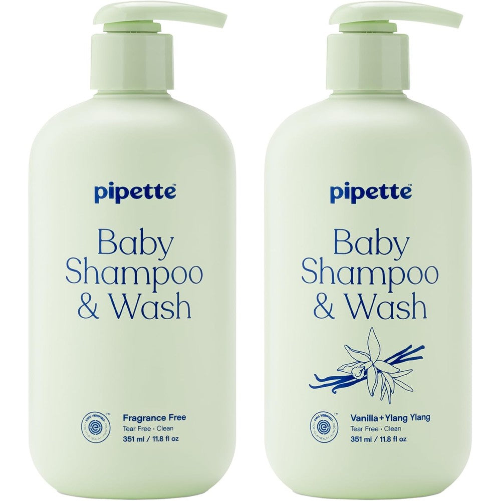 Pipette Baby Shampoo and Wash Discovery Duo Pack of 2 Includes Fragrance Free and Vanilla Ylang Ylang Scents 351 Milliliters Each