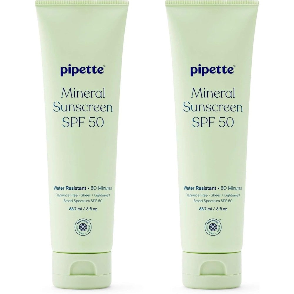 Pipette Fragrance Free Mineral Sunscreen SPF 50 Lotion, 3 Fluid Ounces, Pack of 2