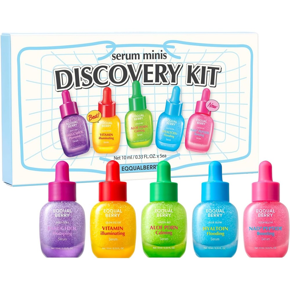 Eqqualberry Mini Serum Discovery Kit Vitamin C Bakuchiol Hyaluronic Acid Five Fluid Ounce Travel Size Skincare Set