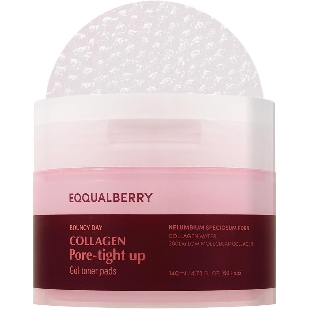 Eqqualberry Collagen Pore-Tight Up Gel Toner Pads Korean Jelly Pad With Low Molecular Collagen And Lotus Pdrn 60 Pads 140 Milliliters