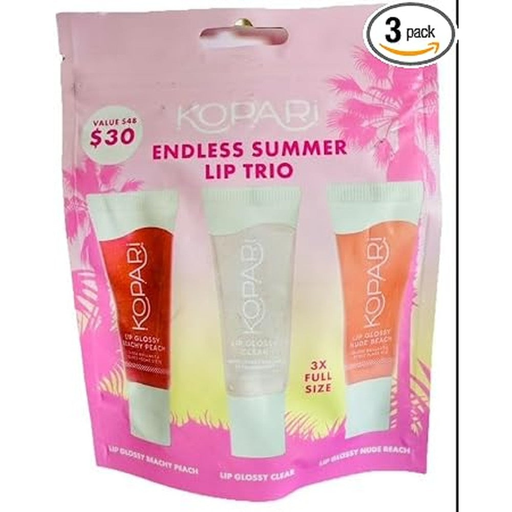 Kopari Endless Summer Lip Trio Lip Glossy Set Beachy Peach Clear Nude Beach 3 Full Size Tubes 0.35 Ounce Each
